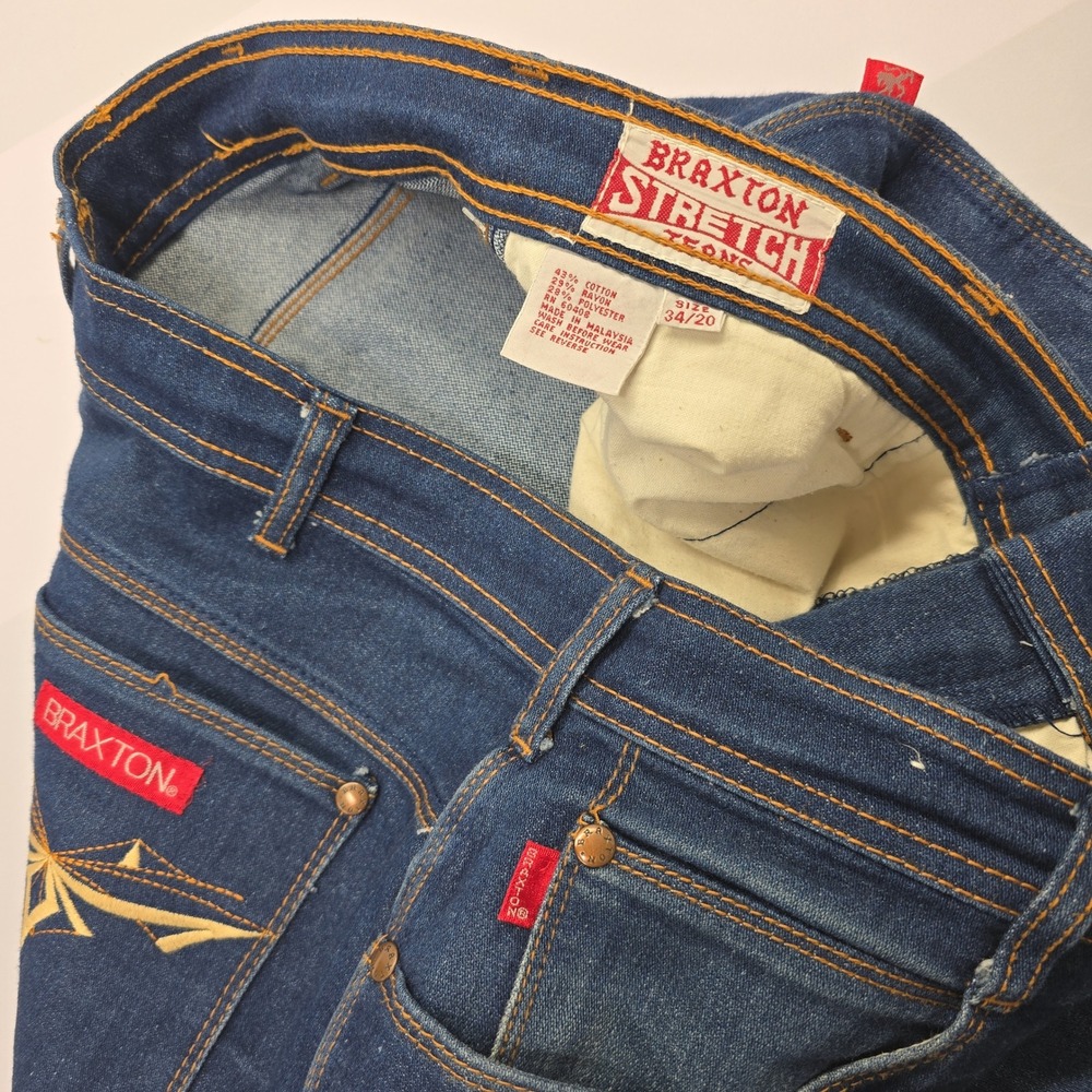 Vintage Braxton Stretch Jeans High Rise Dark Wash Embroidered Pocket‎ 34/20 - Picture 2 of 6